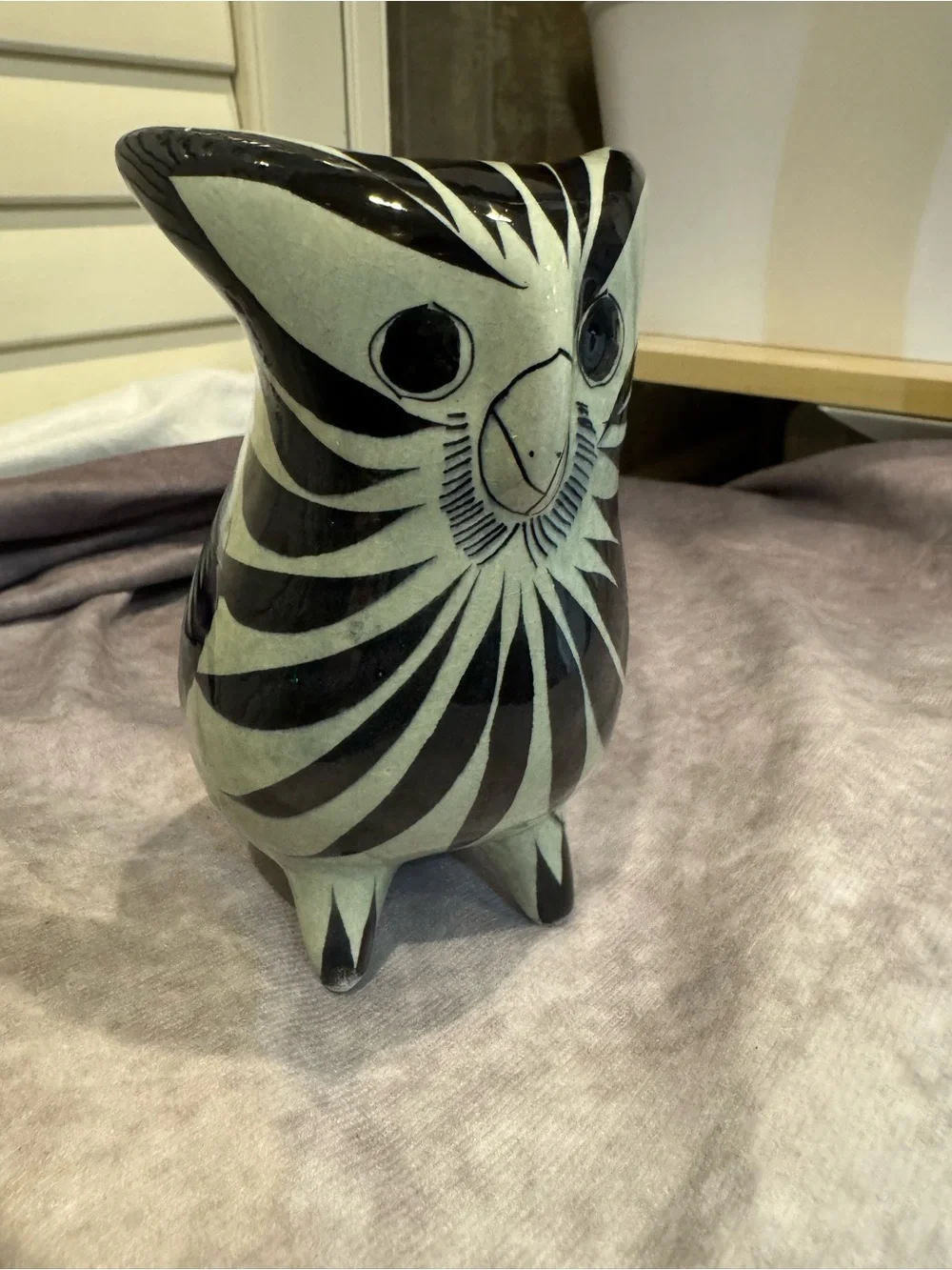 Mexican Tonala Handcrafted Black and Cream Owl Figurine - Decorative Home Accent